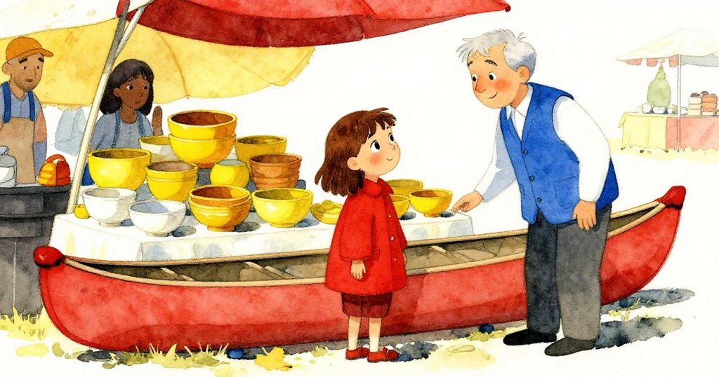 露娜走近古舊獨木舟上擺放著陶碗，守望者認真檢視，充滿歷史感與市集生命力