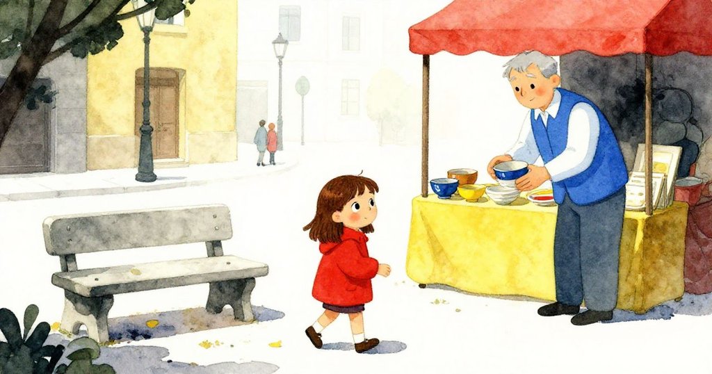 露娜移步至廣場上的石椅旁，小心將陶碗靠在髖上，守望者於攤位內細心包裝，場景轉換溫馨