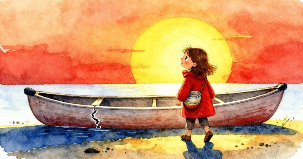 夕陽下露娜肩挑陶碗緩步而行，背景中老獨木舟上微現細裂，暖光映襯出溫馨圓滿結局