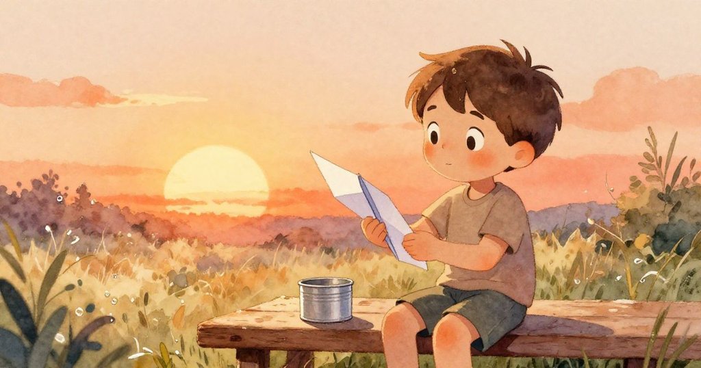 小男孩Luke在陽光灑落的木椅上摺紙飛機,仔細摺疊並觀察儲物箱中的細節,充滿期待與專注,開啟冒險旅程。