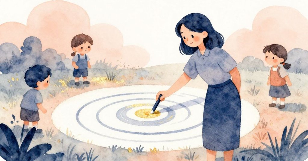 嚴謹的老師Nina在草地上用粉筆標記目標圈,溫柔表情透露指導與鼓勵,為接下來挑戰做準備。