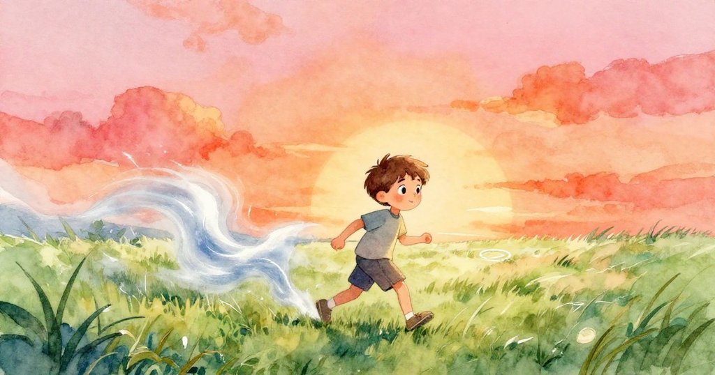 Luke站在翠綠草地的起飛點,迎著銀藍風勢,滿懷希望與好奇地注視遠處目標,步入自然冒險。