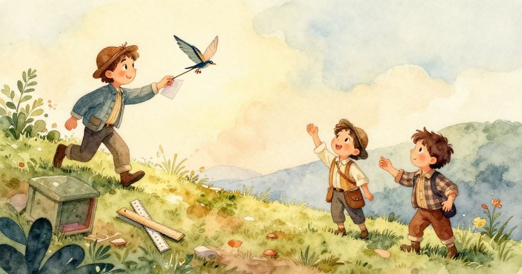 紙飛機在空中劃出曲線,與飄動絲帶和木棒發生連鎖反應,緊張瞬間展現出冒險挑戰與不確定情緒。