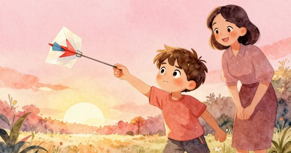 Luke重整摺痕後帶著微笑再度投擲紙飛機,命中粉筆圈內,老師Nina在背後支持,迎來勝利時刻。