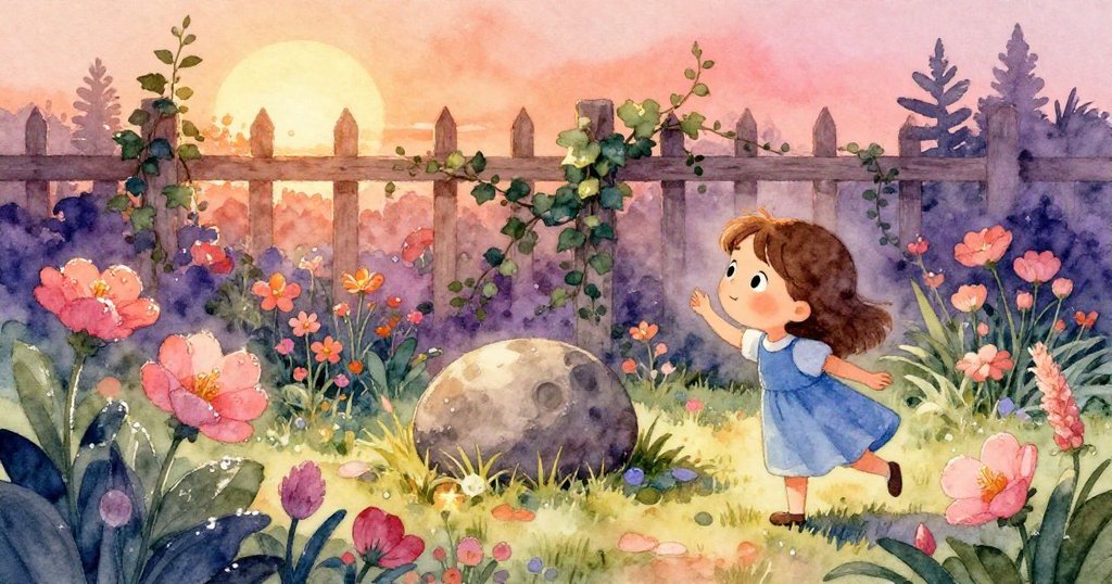 Gwen在充滿鮮花與藤蔓的花園探索，興奮地接近神秘圓石，晨光溫暖照耀，展現冒險開端。