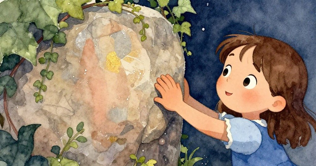 Gwen溫柔觸摸覆滿濕土的古石，藤蔓環繞，表情專注展現對歷史痕跡的好奇。