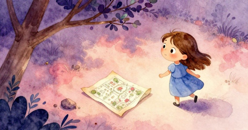 Gwen以第一人稱視角仔細擺放樹枝與小石，旁邊摺疊的古園藝圖紙見證歷史，陽光與陰影交織。