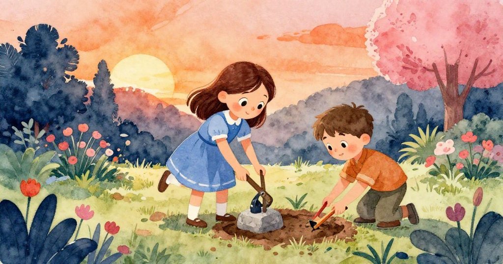 從高處俯瞰花園，Ivan精心標記植穴，Gwen用心調整杠桿，暖光中展露歷史層次。