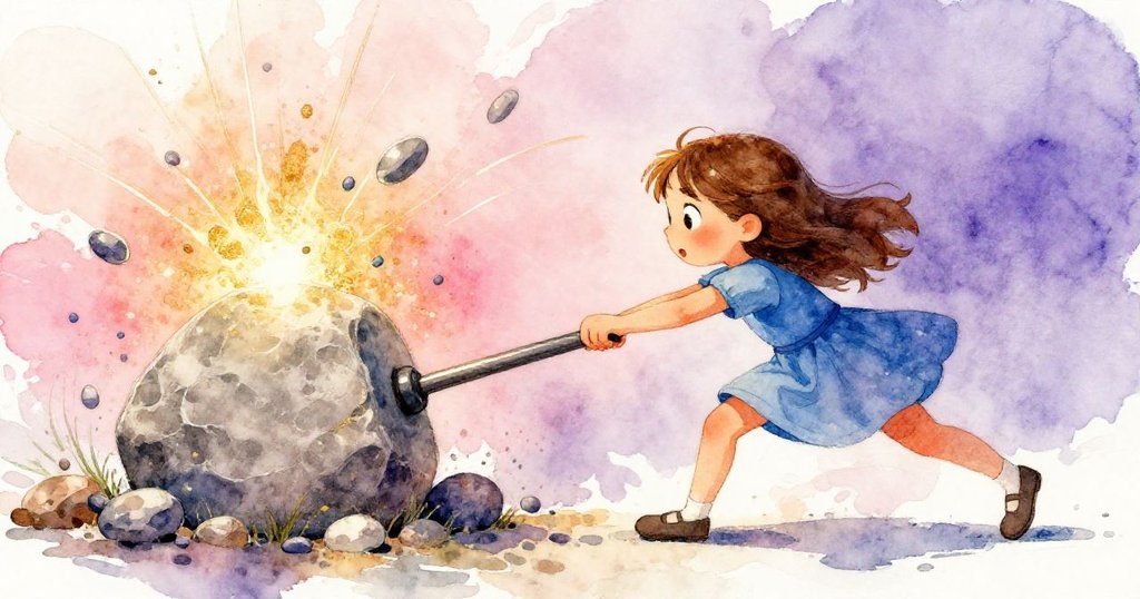 Gwen滿懷決心推動杠桿，石塊隨之滾動，卵石飛濺形成流動軌跡，充滿力量與活力。