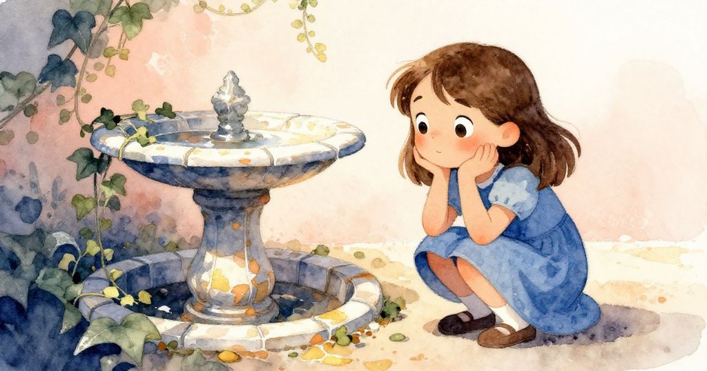 Gwen蹲下仔細觀察揭露出的碎瓷環，古老鳥浴池餘暉隱現，藤蔓輕傾陽光中流露驚喜與好奇。