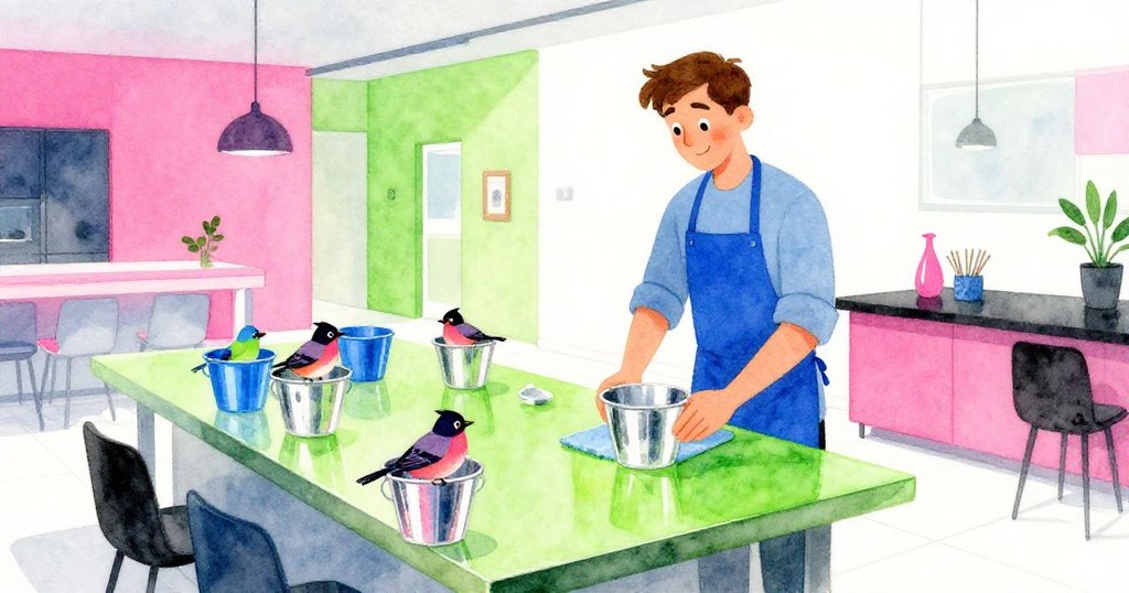 Sage在明亮現代店內整理發光桌面，快樂知更鳥飛舞，戶外桶子映出冷光，充滿活力與忙碌感。