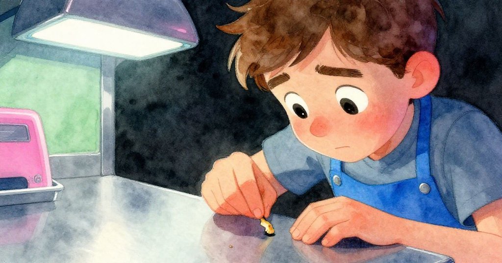 Sage專注凝視桌上新出現的麵包屑，眼神充滿好奇與疑惑，細節清晰展現現代店面冷光環境。