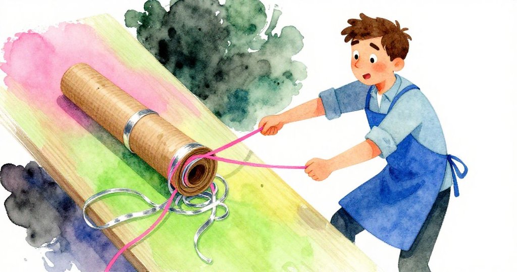 Sage努力拉扯細絲帶，絲帶纏結在紙筒上，藍線斷裂呈現緊張氣氛，動態角度突顯其專注神情。