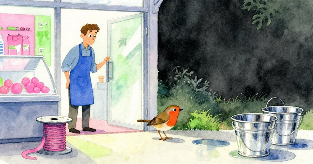 在玻璃門邊，Sage檢查冷藏展示，戶外知更鳥好奇靠近絲帶捲，水坑與桶子映出清冷光影。