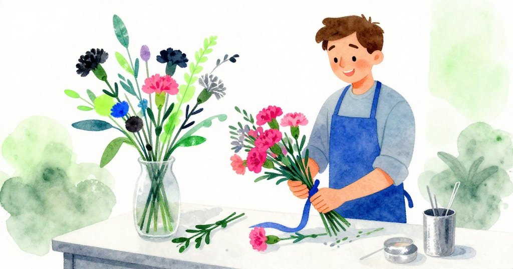 Sage微笑著完成花束包裝，精心修剪多餘紙巾，繽紛康乃馨與絲帶展現成功喜悅，現代店內暖光映襯。