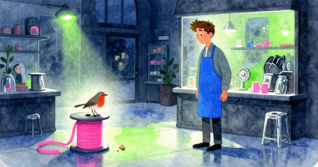 在柔和藍調晚光下，Sage靜立思索，桌上知更鳥啄取最後麵包屑，營造出神秘悠遠的結尾氛圍。