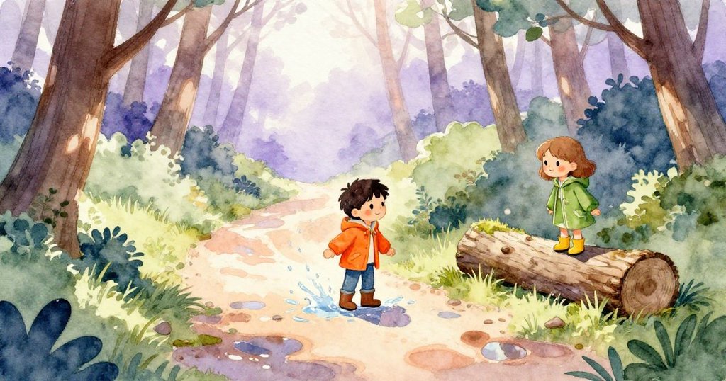 福瑞斯甩起靴子濺起水花，克拉拉站在青苔橫放原木旁，森林中光影交錯，充滿好奇與期待情緒。