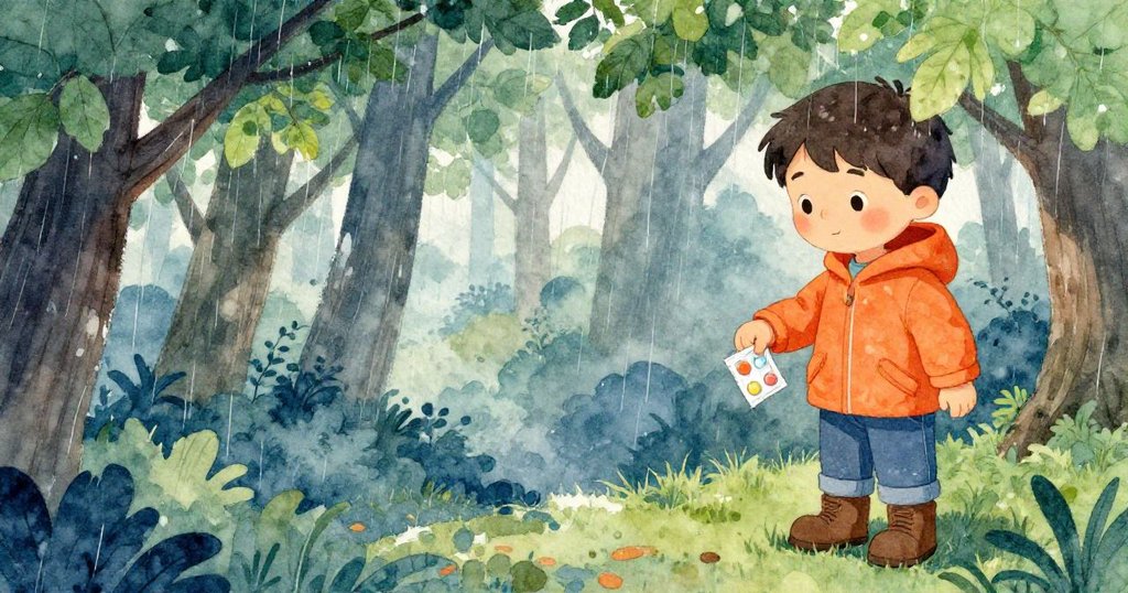 福瑞斯在樹蔭裂縫下取出藥盒，手部細節清晰，森林雨滴輕映，表情專注而堅定。