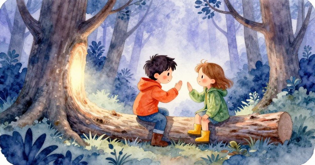 森林中隱藏的根盤透出微光，福瑞斯和克拉拉共同注視著奇妙發光草叢，場景融合自然與魔幻感。