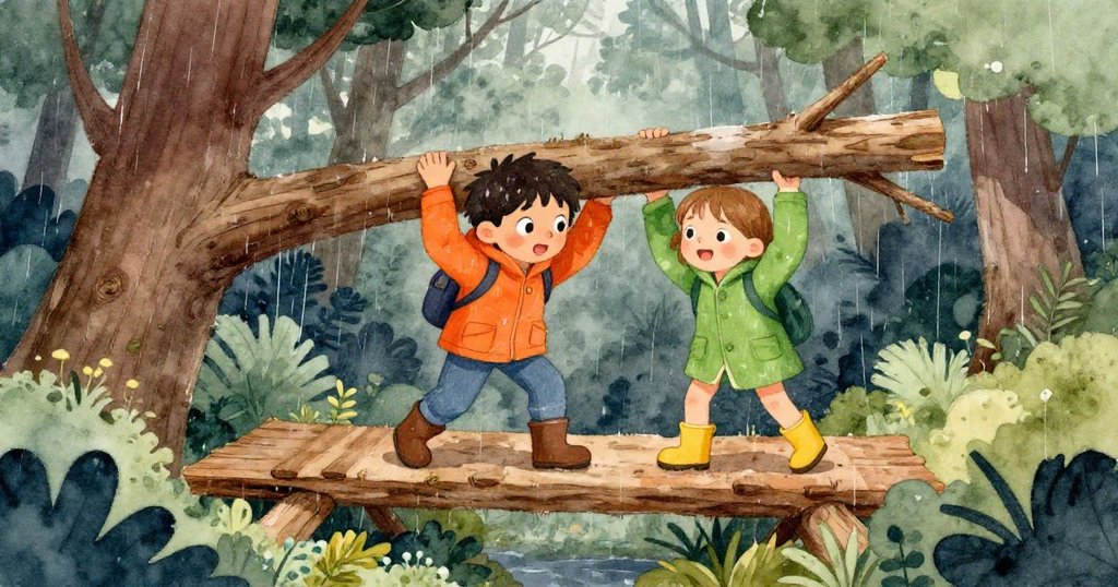 福瑞斯與克拉拉合力托舉倒木做支撐，橫跨顫動原木，危險中展現堅定與合作精神。