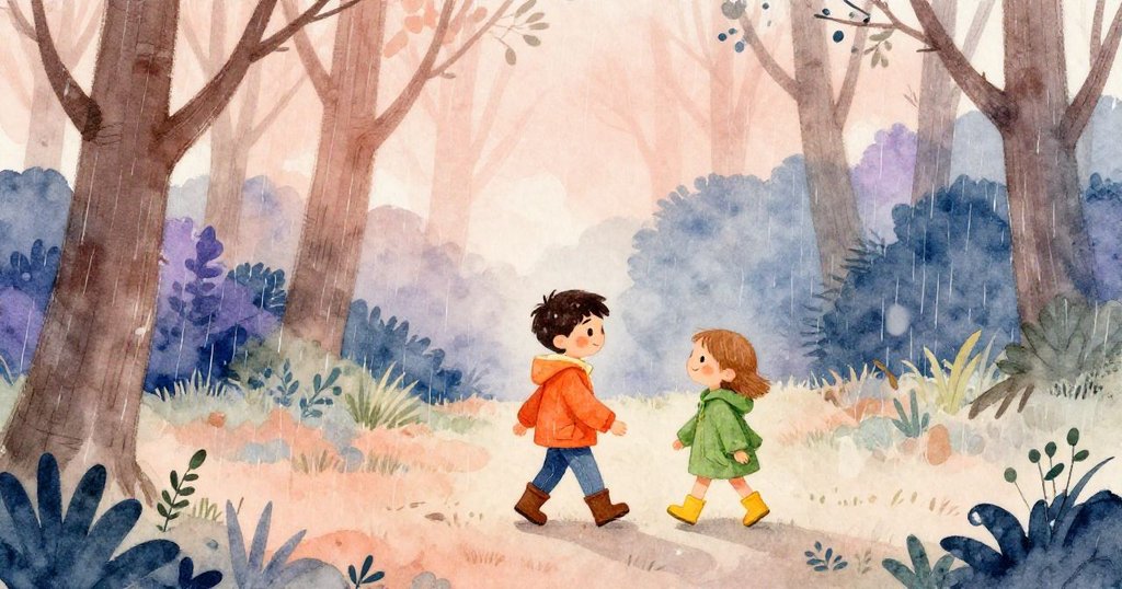 福瑞斯與克拉拉安全走出樹林，雨後寧靜清澈遠景中透露出安然與完成冒險的深情。