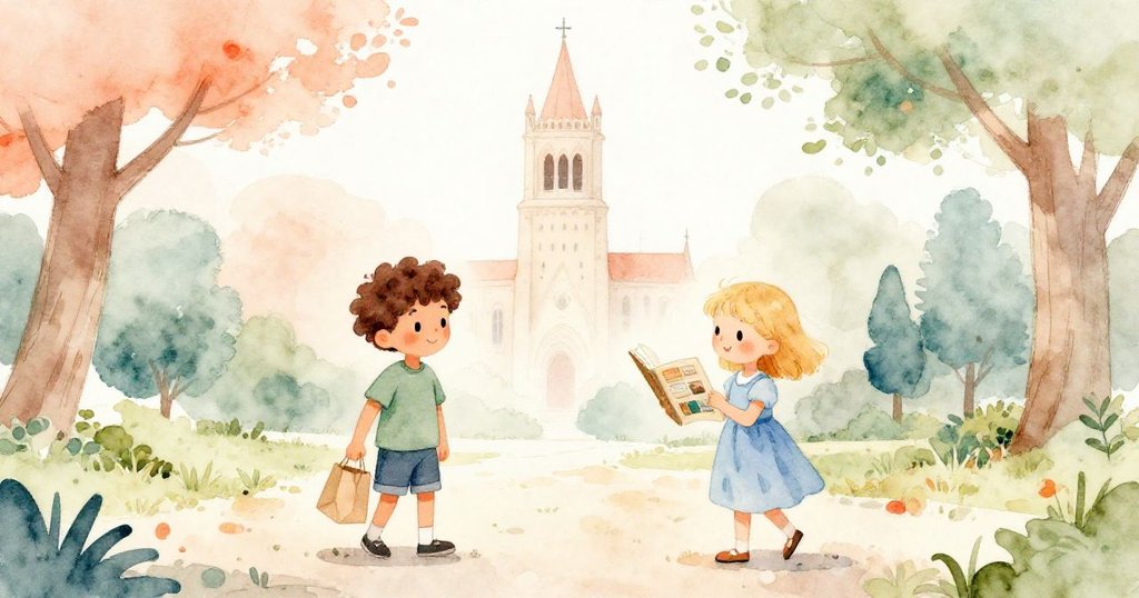 Jude 與 Clara 在公園裡漫步,手握紙袋與野外指南,背景有教堂鐘樓,充滿活力與期待。