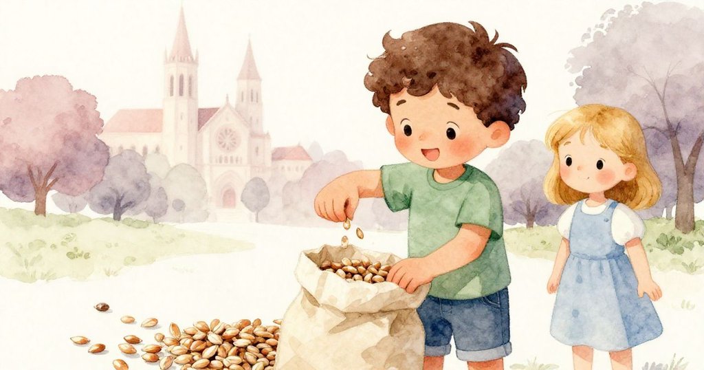 Jude 正專注地捏著紙袋,乾燥種子發出沙沙聲,Clara 在旁默默注視,背景隱約見鐘樓。