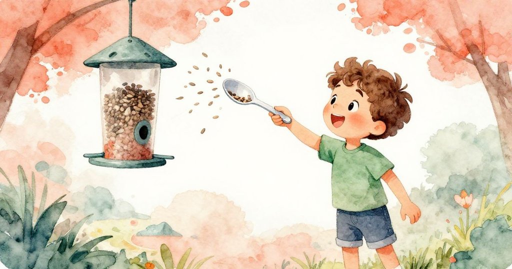 Jude 用塑膠湯匙擠壓種子進飼鳥槽,陣風捲起種子飛舞,視角略帶彎曲,場面充滿動感。