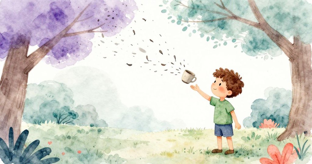 樹枝隨風猛烈搖曳,種子被風吹散落入瓷杯中,Jude 正忙著調整杯子,場景充滿微妙緊張氣氛。