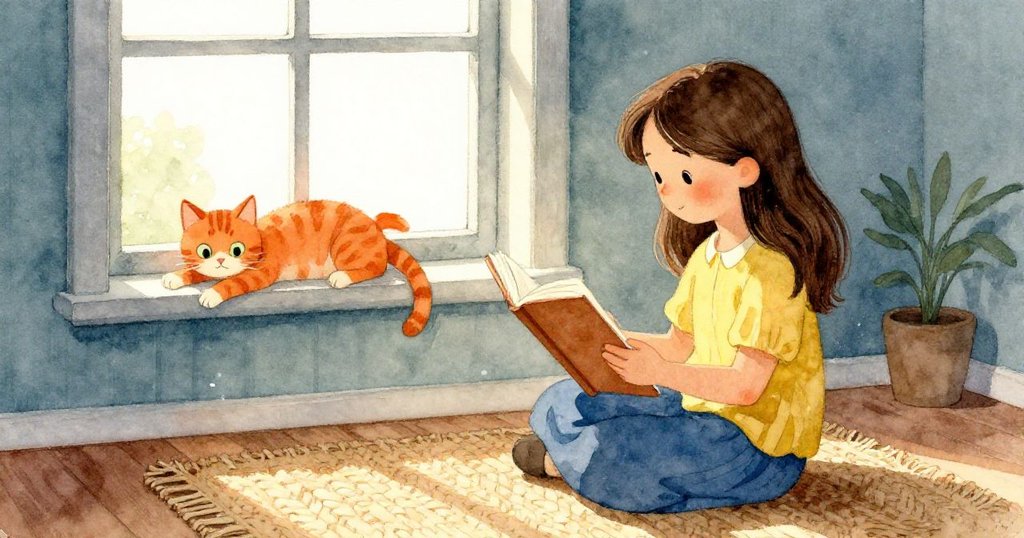 艾拉坐在窗邊閱讀,橘貓優雅地在窗台上伸展身軀,室內陽光灑落形成明亮光斑,氣氛平靜溫馨。