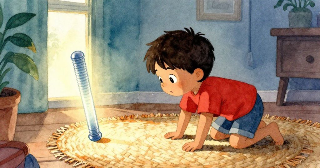 科爾在地毯上爬行,專注伸手觸碰散發陽光光斑旁的光棒,細膩表現物件質感與探索心情。