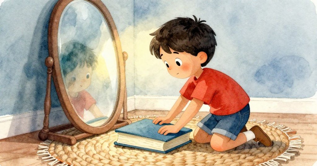 科爾在雲影掠過時拿起厚書調整鏡子支撐,室內光線變化柔和,塵埃隨光舞,流露專注神情。