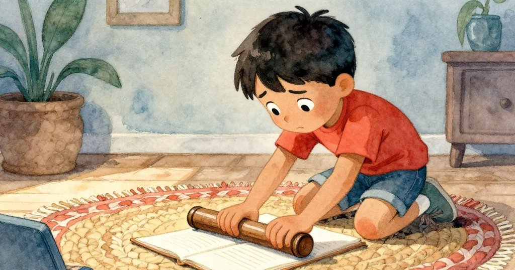 科爾在室內小心操作放在厚書下的光棒,手指輕觸傷處,臉上既有挫折也有堅定,場景充滿挑戰感。