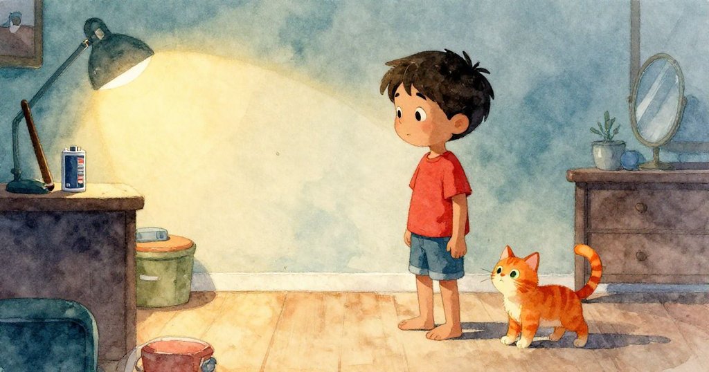 科爾滿意地後退放鬆肩膀,橘貓輕快跳躍追逐漂浮光斑,室內光線溫柔和諧,故事圓滿落幕。