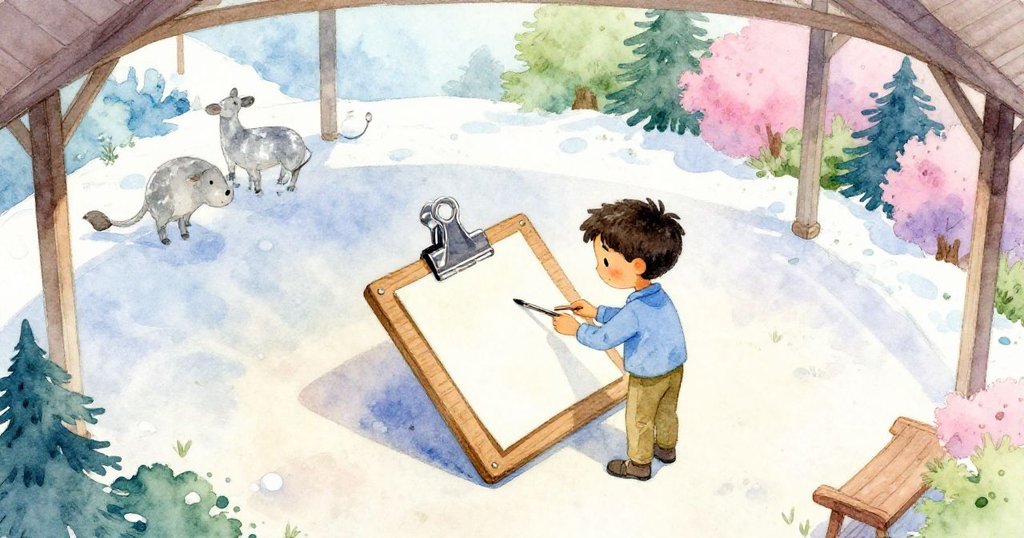 Joel在開放的戶外畫室中輕觸金屬夾調整水彩紙，陽光灑落在木板上，神情專注且充滿希望。