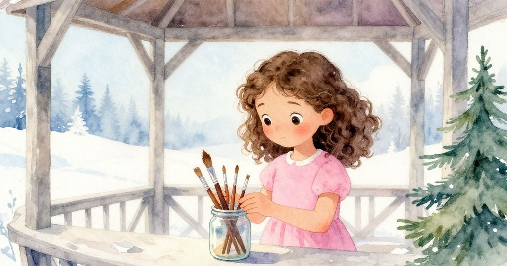 Thea在開放畫室內仔細挑選畫刷，輕觸工具的瞬間充滿期待與決心，背景充滿柔和的自然光。