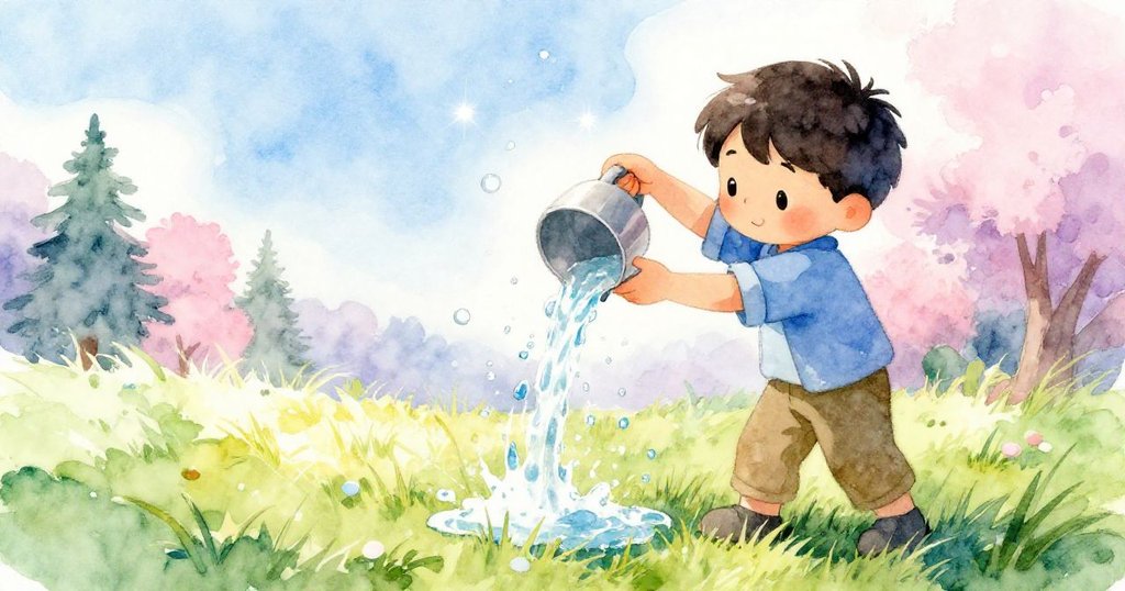 Joel在閃亮的草地上奔跑倒水，水珠在背光中閃爍，他的動作充滿活力與創意靈感。