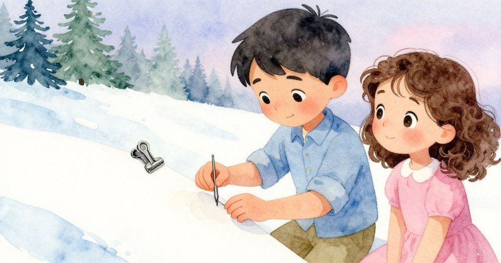 Joel重新固定金屬夾於水彩紙上，Thea在旁微笑欣賞修復完美的畫作，畫面充滿了寧靜與溫馨的氛圍。