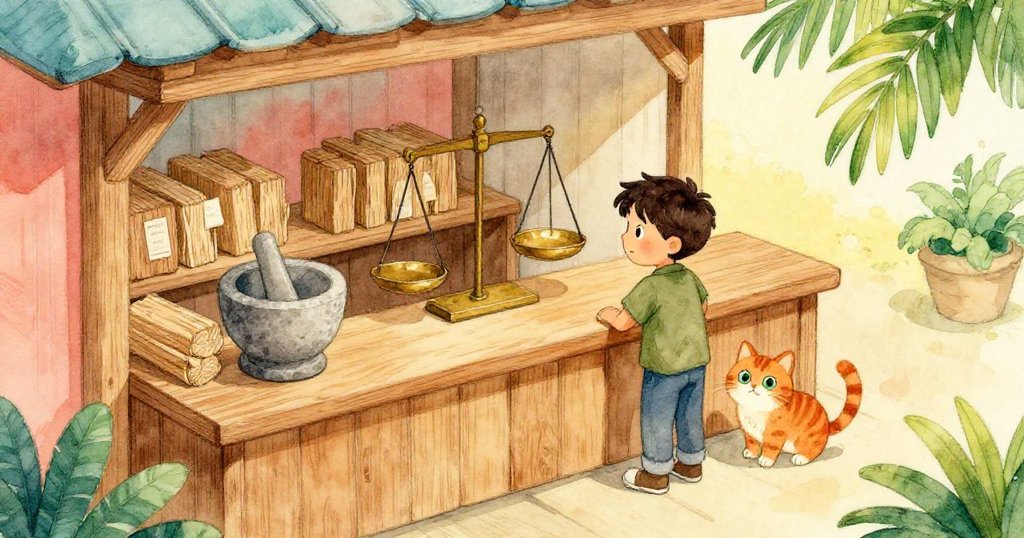 佐恩在木質店內忙碌,鳥瞰圖呈現溫暖的木桌、檀香木束和石臼,貓咪偷偷躲藏,場景充滿好奇與溫馨。