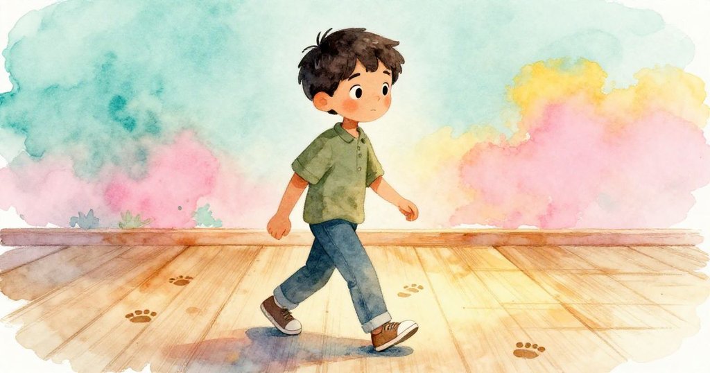 佐恩踏出堅定步伐,走在有木紋細節的地板上,留下淺淺腳印,店內暖光映照,充滿前進的決心。