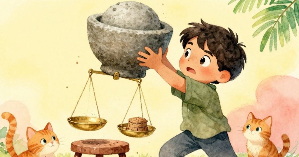 佐恩全力撬起沉重石臼,肌肉緊繃神情專注,身旁薑色貓咪躲藏,店內細節豐富充滿動感。