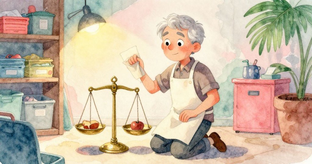 奧斯卡從儲藏室走出,手裡抱著蠟紙包裹,蹲身檢查秤盤,神情專注,背景細節豐富充滿古樸氣息。