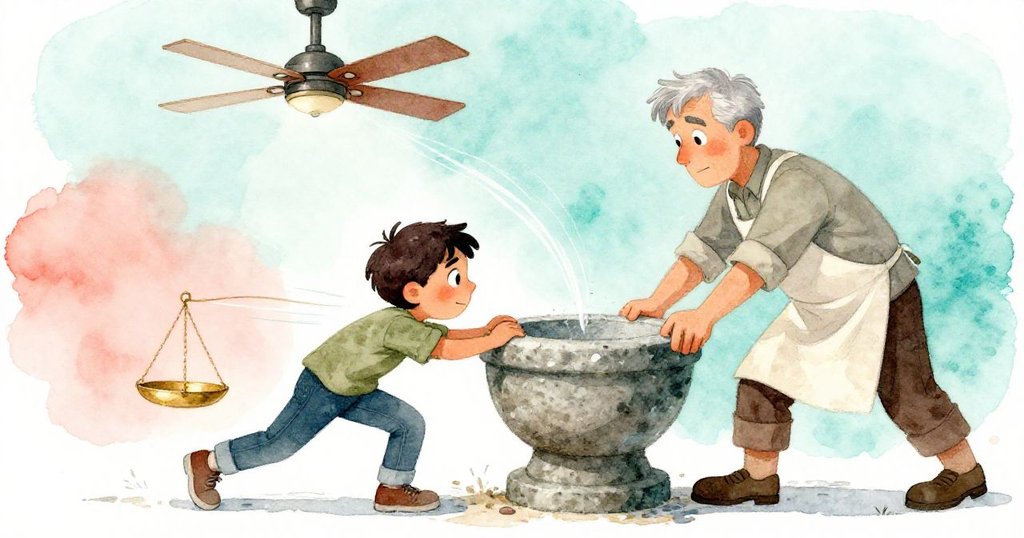 佐恩與奧斯卡聯手推動石臼,秤盤指針顫動,天花板風扇轉動,動態線條表現出奮力的努力與緊張氣氛。