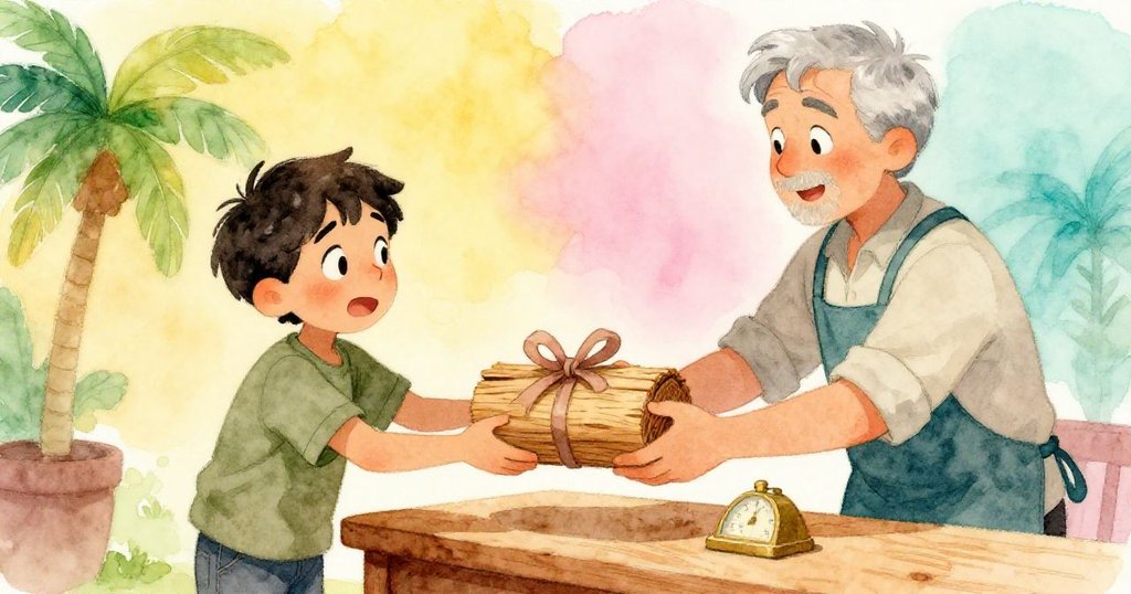 佐恩與奧斯卡滿意對視,精心包裝的檀香木束呈現準確重量,秤盤指示歸零,氛圍溫暖成功,場景細膩完美。