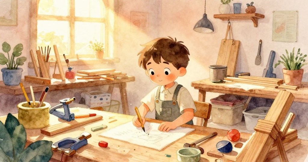在溫暖工坊中,Theo站在眾多木板與夾子間,忙碌而期待,展現創作初始熱情與環境細節。