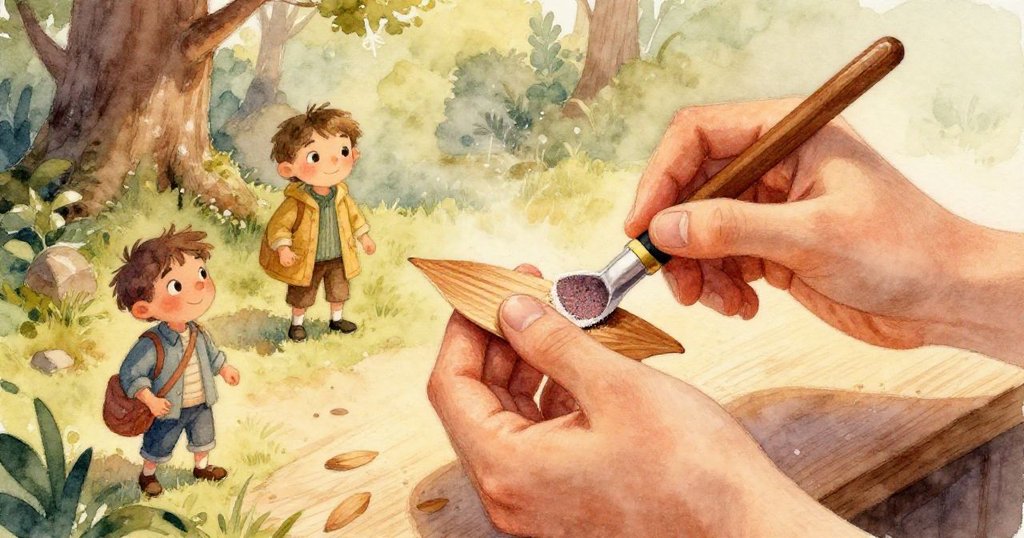 Theo專注地用手平滑杉木花瓣,細膩刻畫砂紙細節與黏膠堵塞,溫柔光影襯托工作台細部。