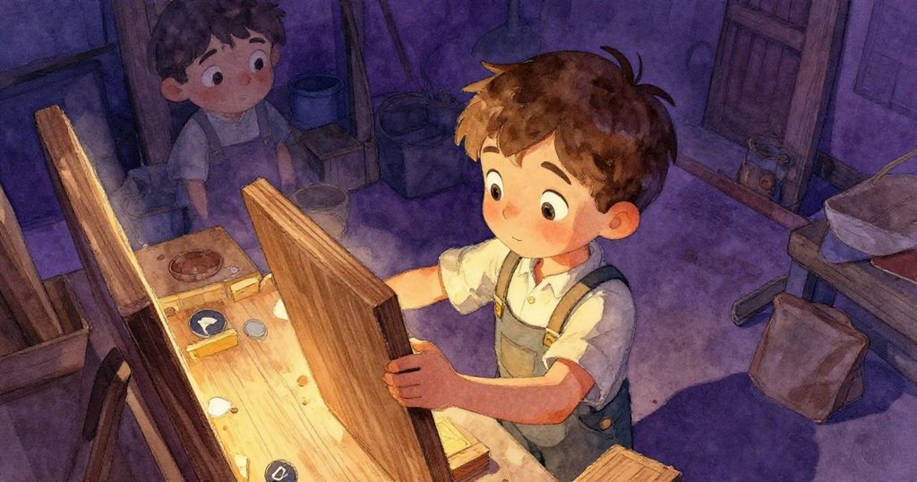 從高角度看見Theo低頭審視木板,環繞著計時器與夾子,神情集中又帶著焦慮,呈現工坊內空間挑戰。