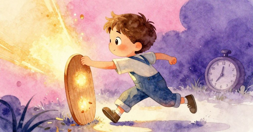 Theo急速奔向展示日光美麗紋理的木板,動感模糊與時鐘滴答聲交織,神情堅定且充滿急迫熱情。