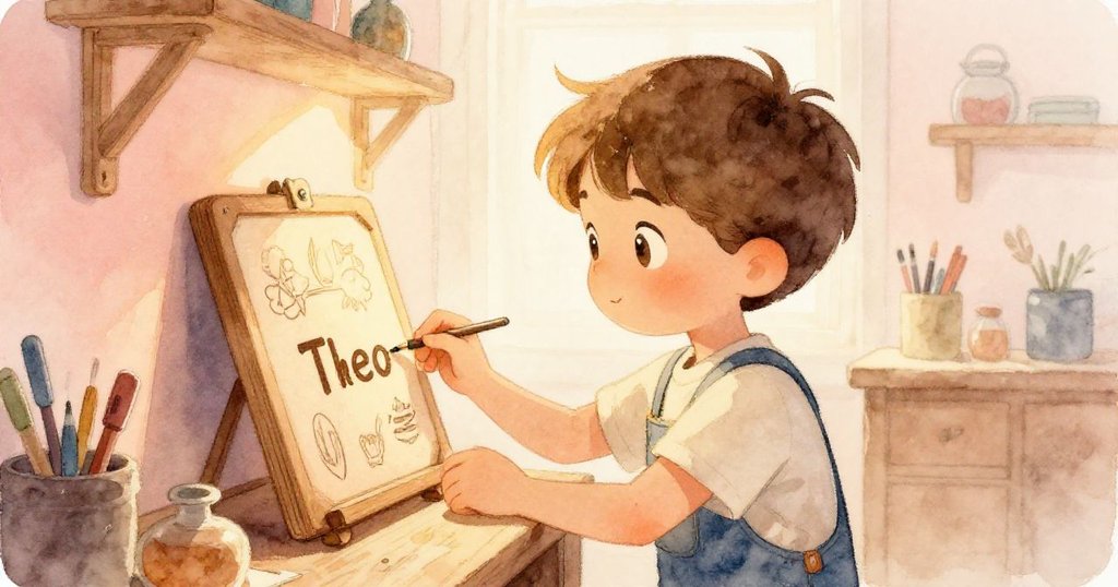 在溫馨工坊中,Theo滿意地欣賞完成的木板,輕輕擦拭多餘膠水,臉上露出寧靜幸福笑容,收尾平和溫暖。