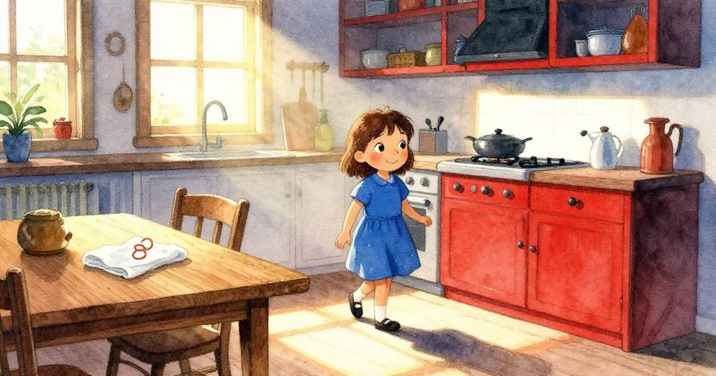 溫暖廚房中，諾拉穿藍衣進入，注意到桌上毛巾和紅色痕跡，晨光映照下充滿期待與好奇。